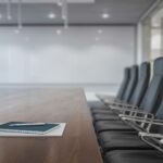 Low-angle shot of a bright, modern boardroom featuring a row of sleek black leather chairs lined up alongside a polished wooden conference table, with a notebook and pen sitting in the foreground.